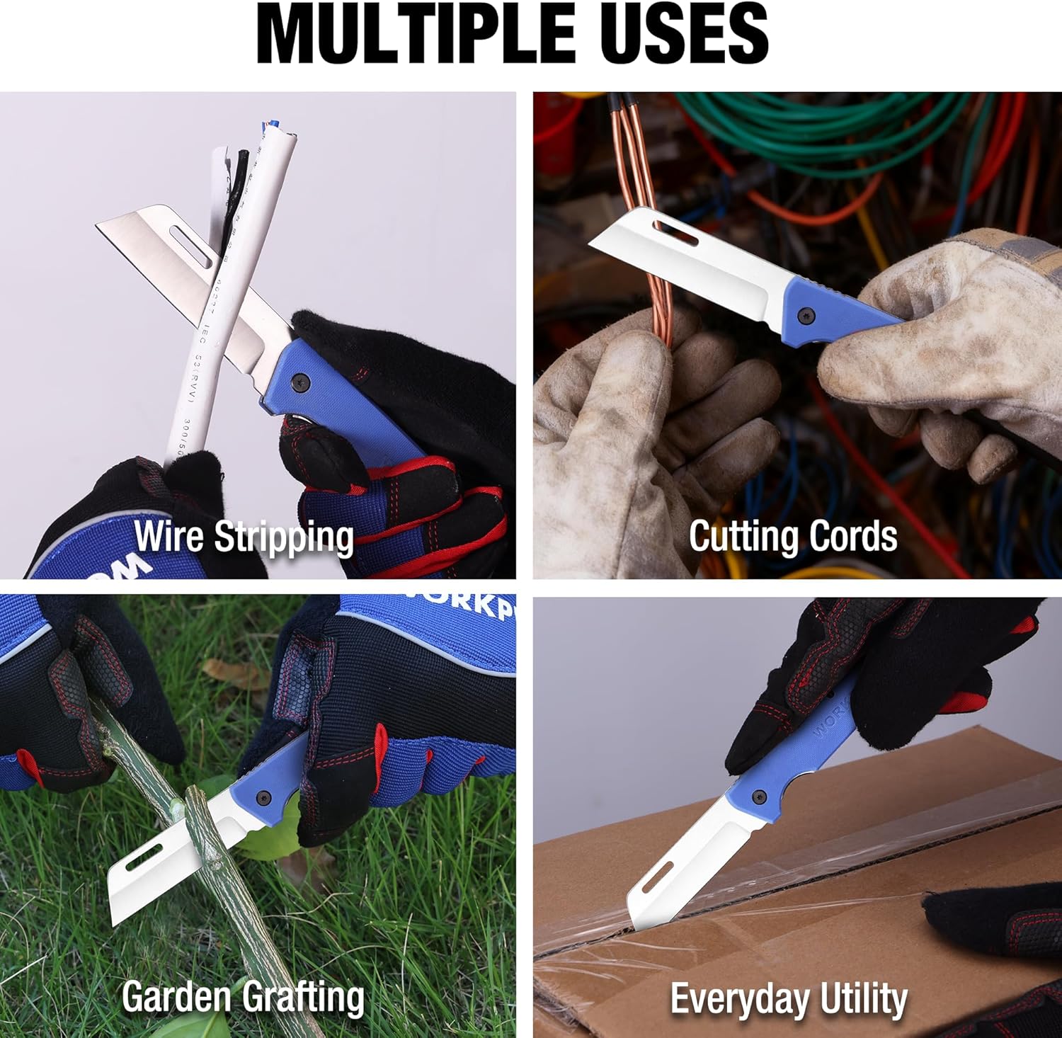 Blue folding utility knife in use for wire stripping, cord cutting, and utility tasks