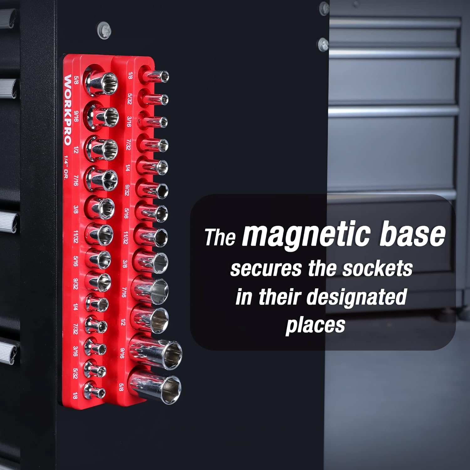 WORKPRO magnetic socket organizer close-up, red base securing chrome sockets in rows