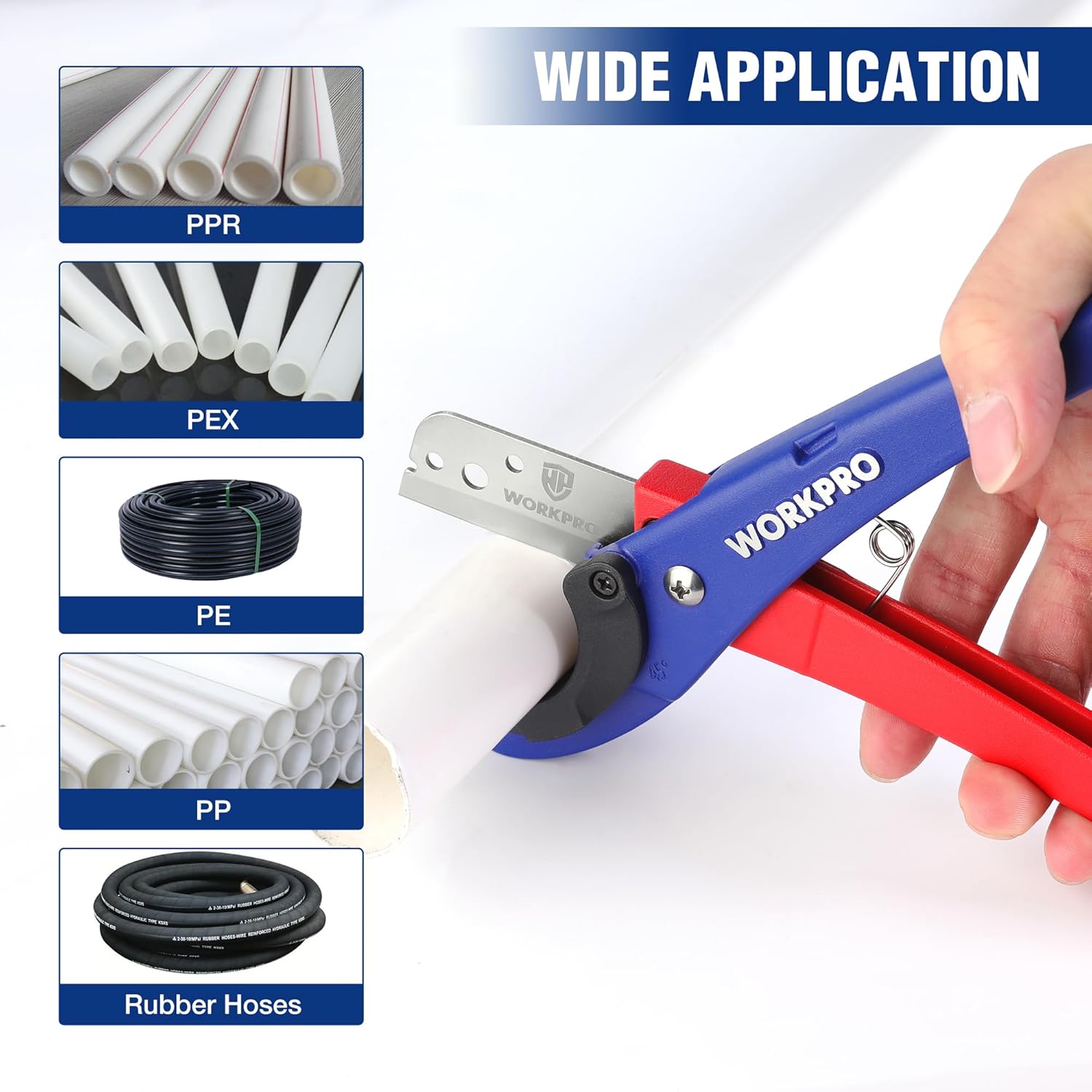 Handheld pipe cutter cutting PPR, PEX, PE, and PP tubing with blue and red design
