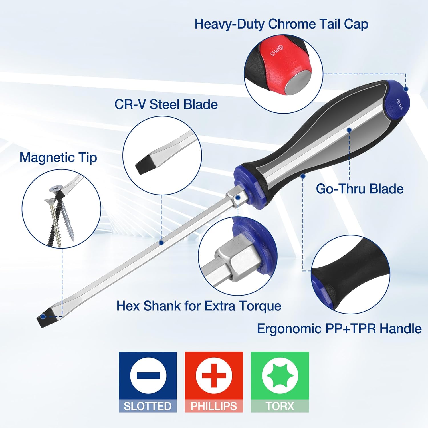 Magnetic screwdriver with blue-black handle, magnetic tip, and hex shank for torque