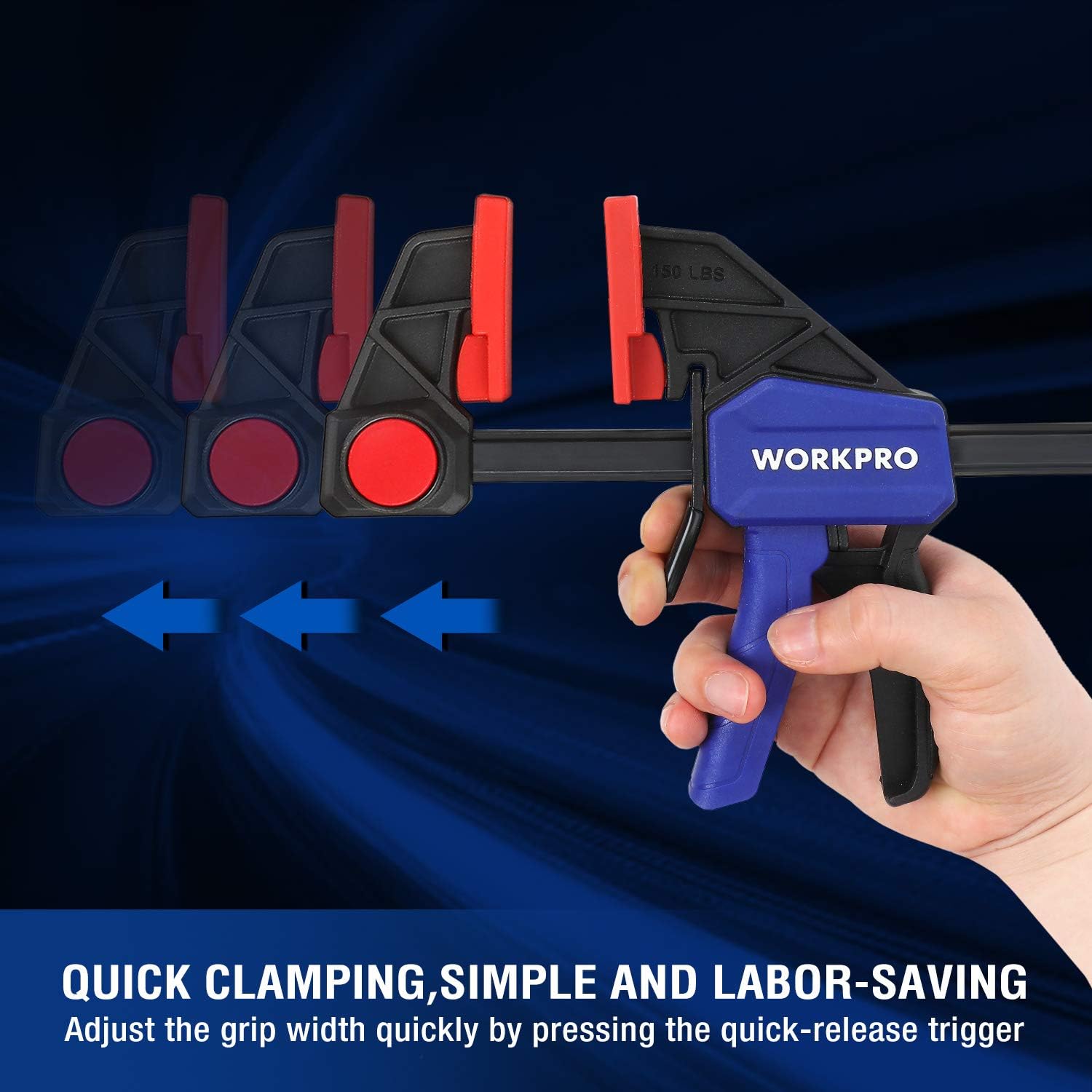 WORKPRO quick clamping F clamp with blue handle and red trigger, hand grip