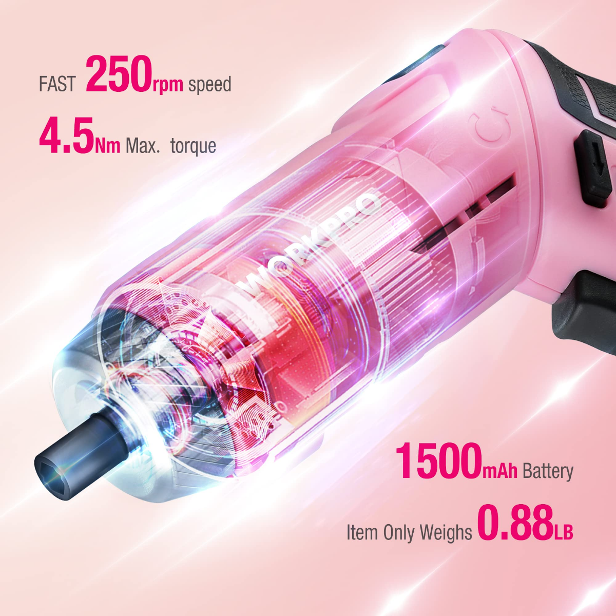 Pink WORKPRO cordless screwdriver with clear chuck and built-in bit holder, compact design