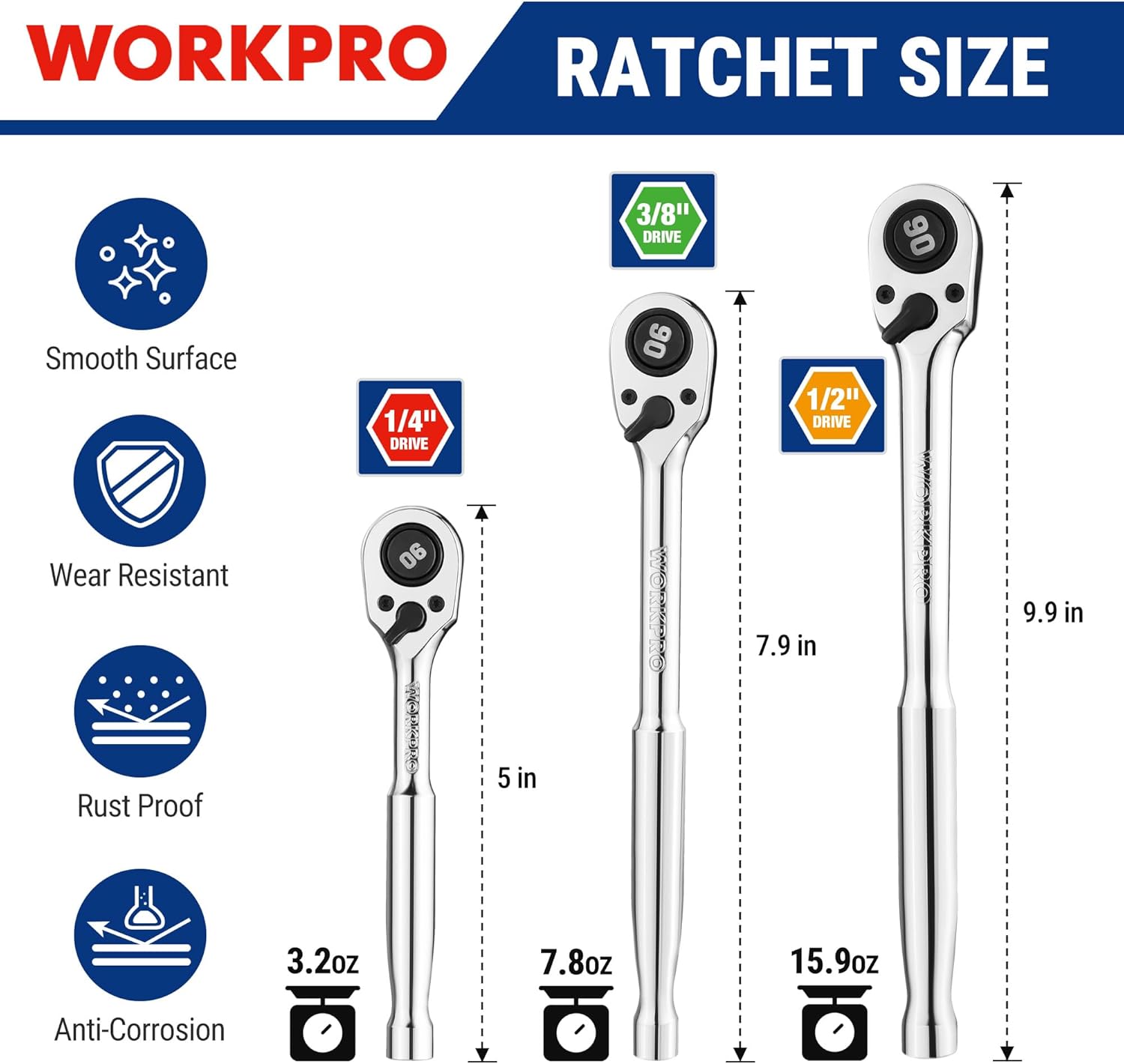 Chrome 90-tooth low-profile ratchet wrench set, 1/4, 3/8, and 1/2-inch drives