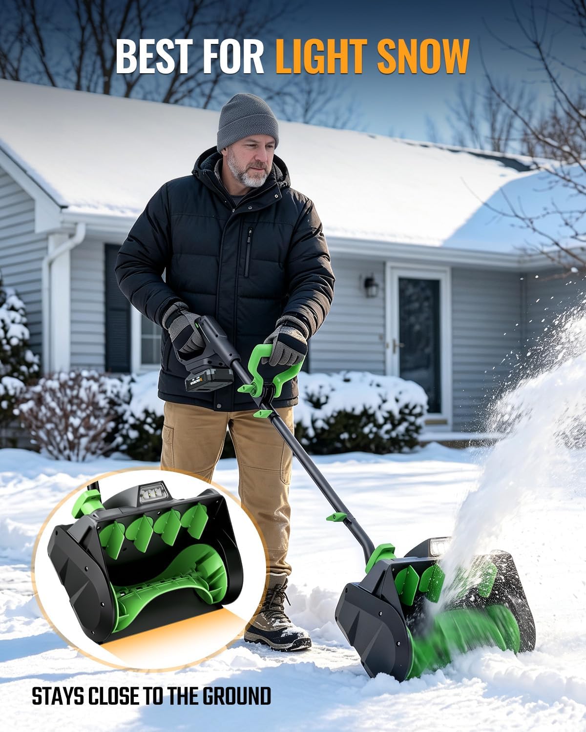 WORKPROX Cordless Snow Shovel, 13-Inch, 20V Battery Included | 23 ft Throw Distance, 4.0Ah Battery, 30° Adjustable Chute, LED Lights, Lightweight, For Steps, Walkways & Driveways