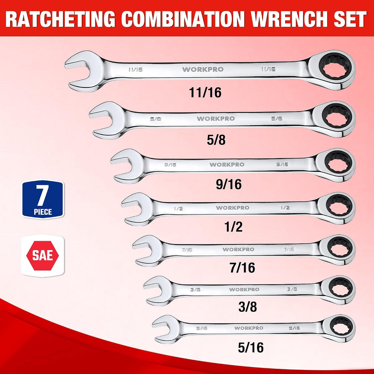 WORKPRO Ratcheting Wrench Set, SAE, 7-piece Ratcheting Combination Wrench Set, 5/16'', 3/8'', 7/16'', 1/2'', 9/16'', 5/8'', 18/16'', 12-Point, CR-V Steel, with Organizer Rack