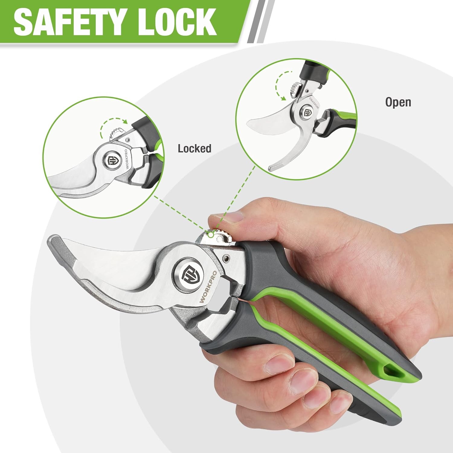 Bypass pruning shears showing safety lock open and locked positions with green handle.