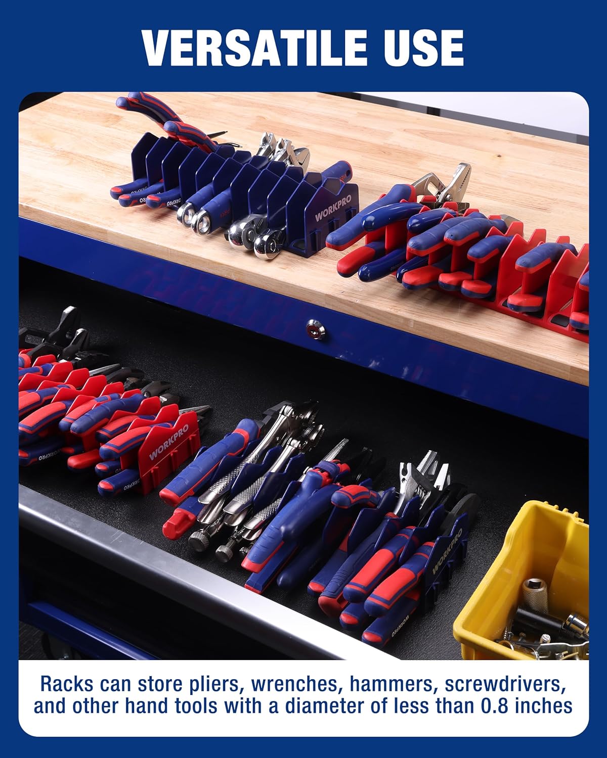 Stackable-style tool drawer organizer racks with slot rows for pliers and screwdrivers