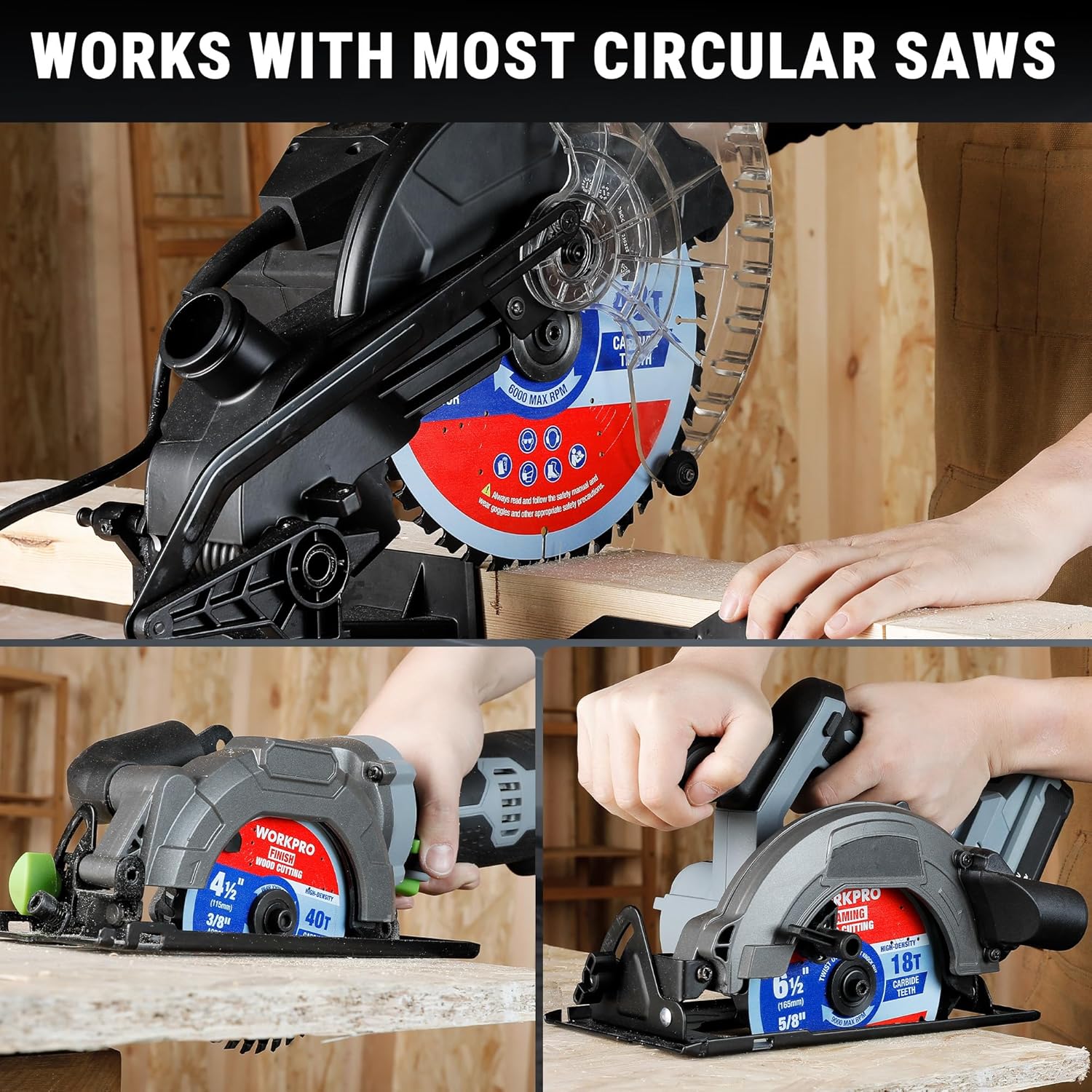 WORKPRO circular saw blades set installed on a saw, 18T/24T