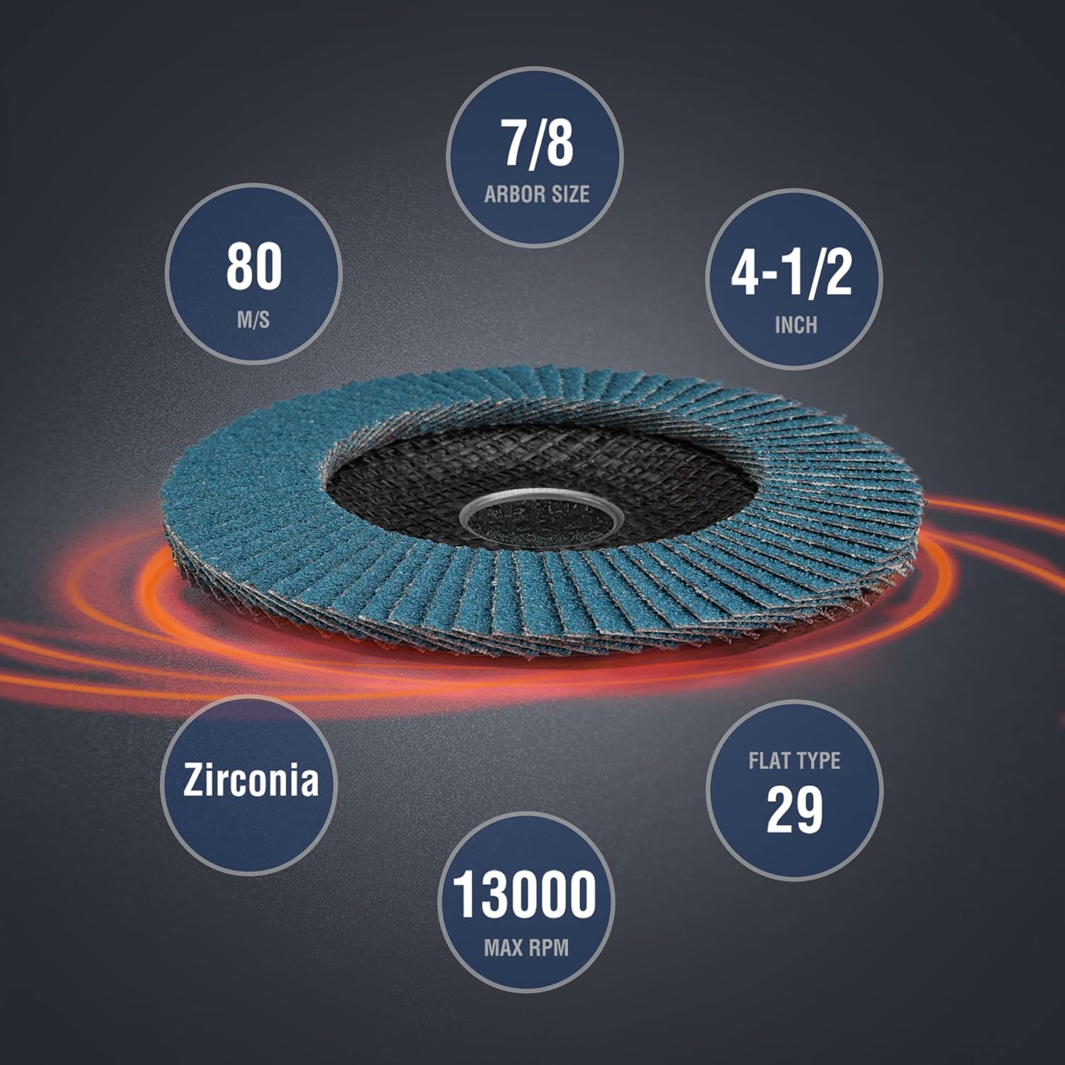 Blue zirconia flap disc with 7/8 arbor hole, 4-1/2 in, 80 grit
