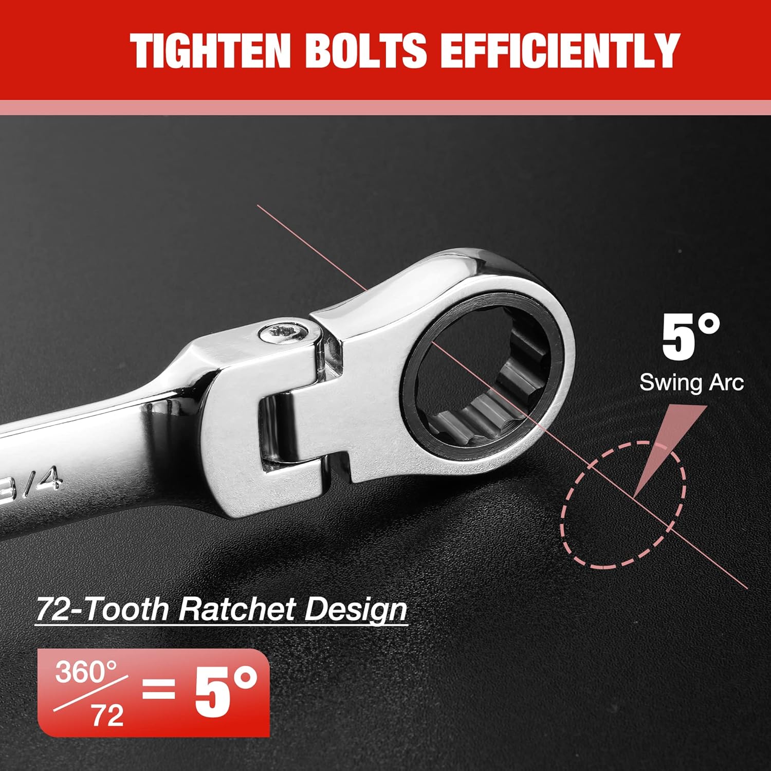Ratcheting combination wrench with 5° swing arc and 72-tooth ratchet head