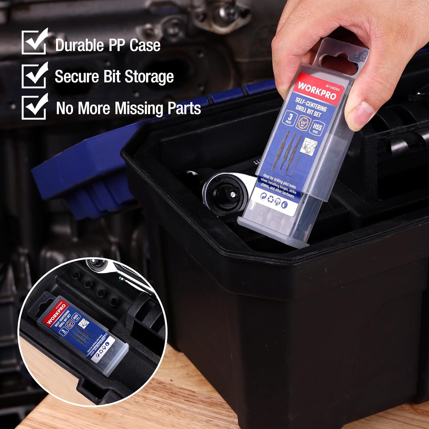 WORKPRO drill bit set in durable PP case with three bits and storage tray