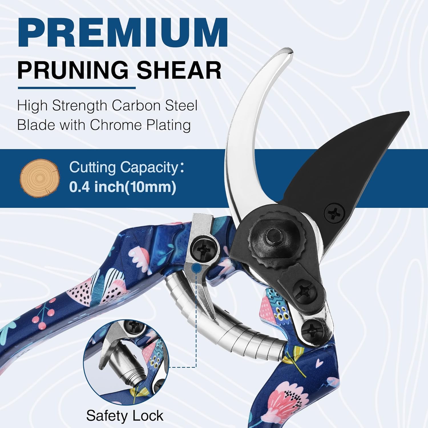 Pruning shear with black blade and blue floral grips, curved white handle