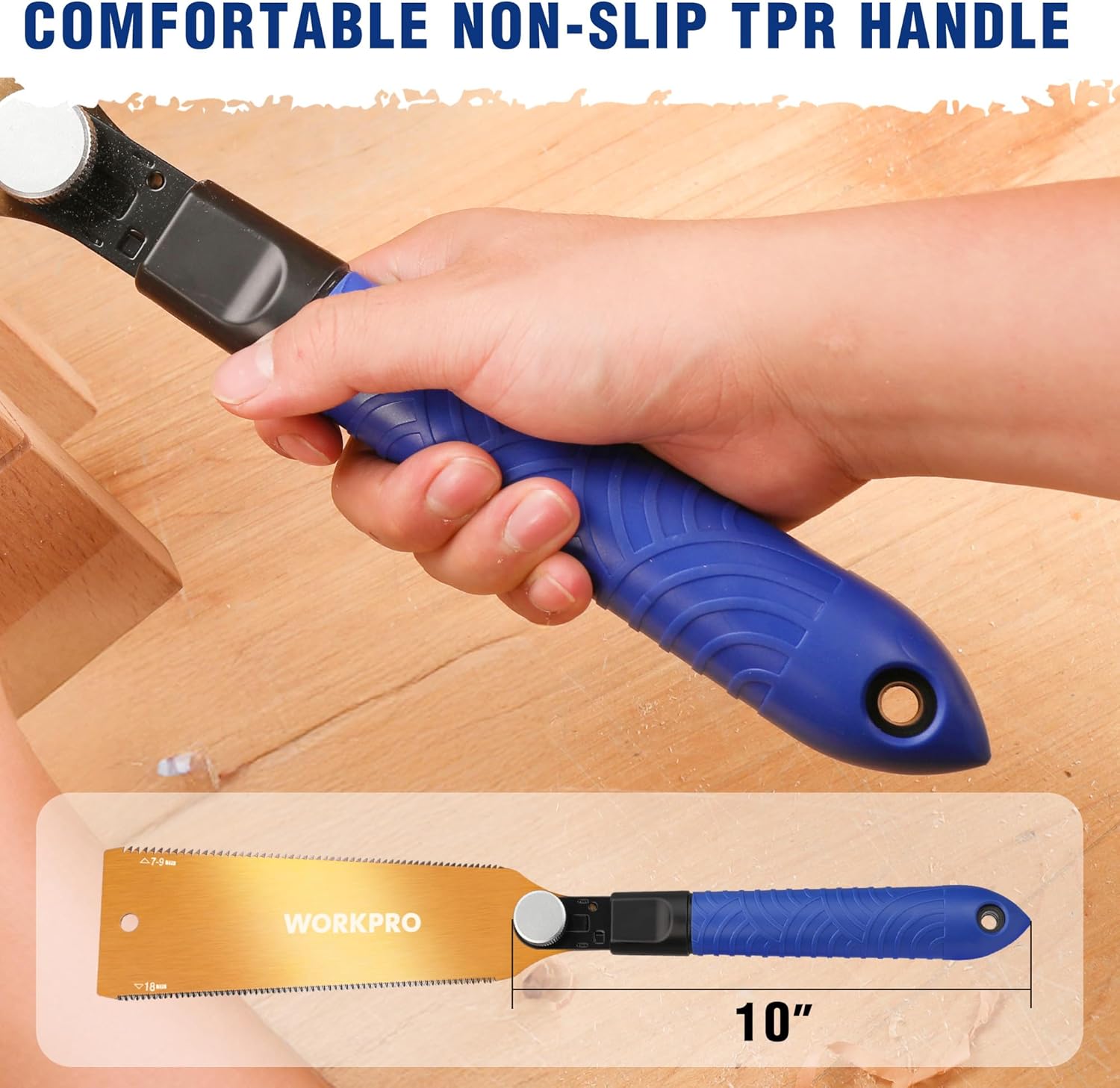 Japanese pull saw with blue TPR non-slip handle and black blade mount