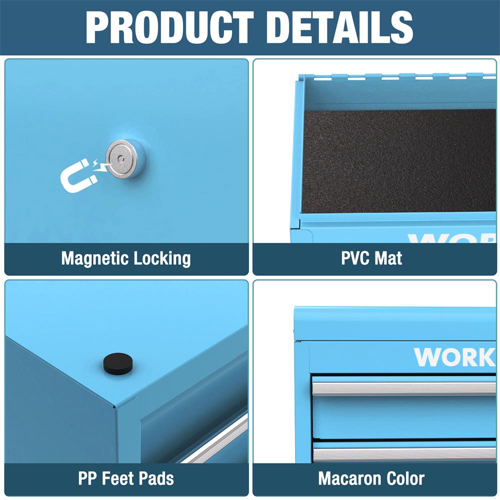 Blue mini tool box details: magnetic latch and drawer with textured mat