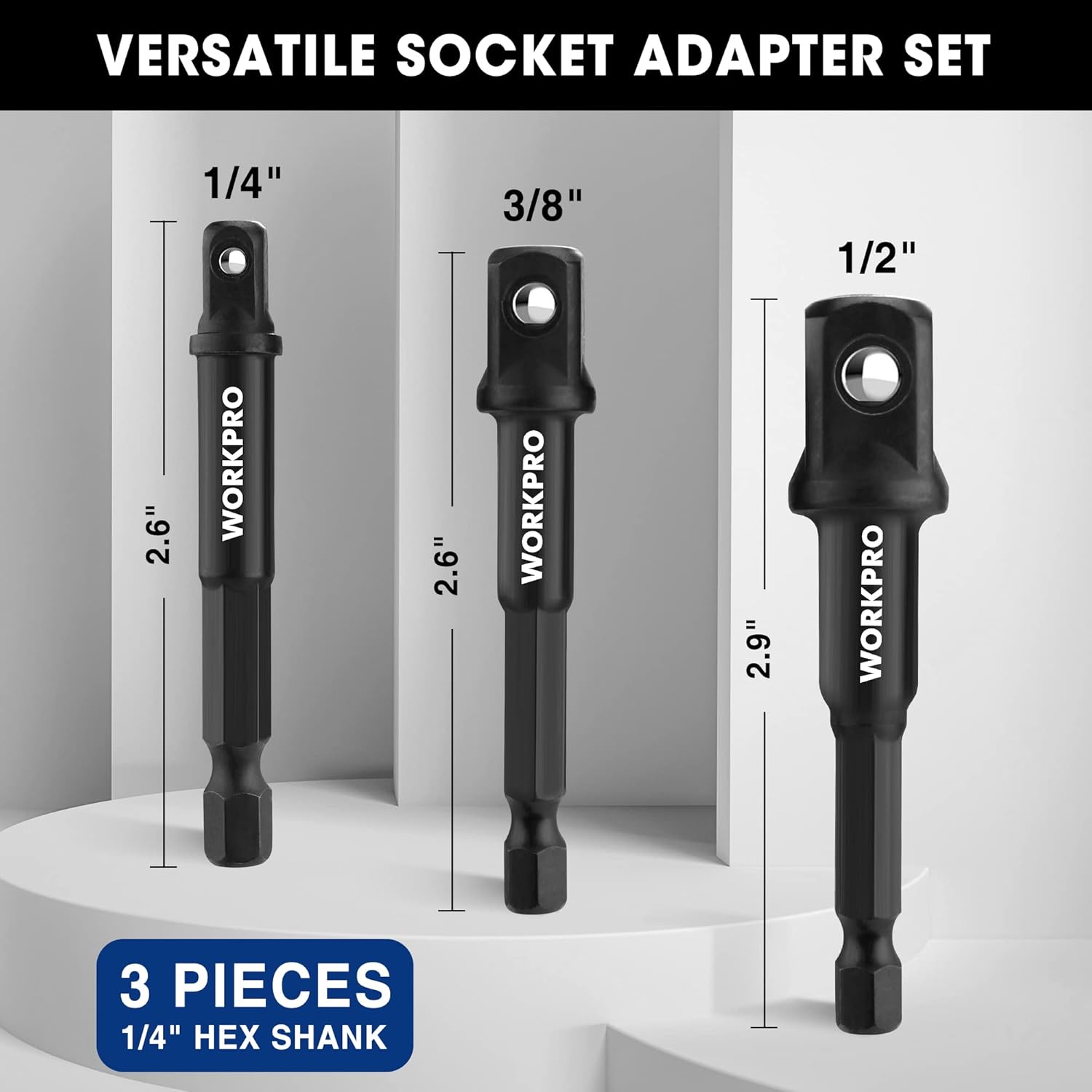 3-piece socket adapter extension set with 1/4, 3/8, and 1/2 hex shank bits