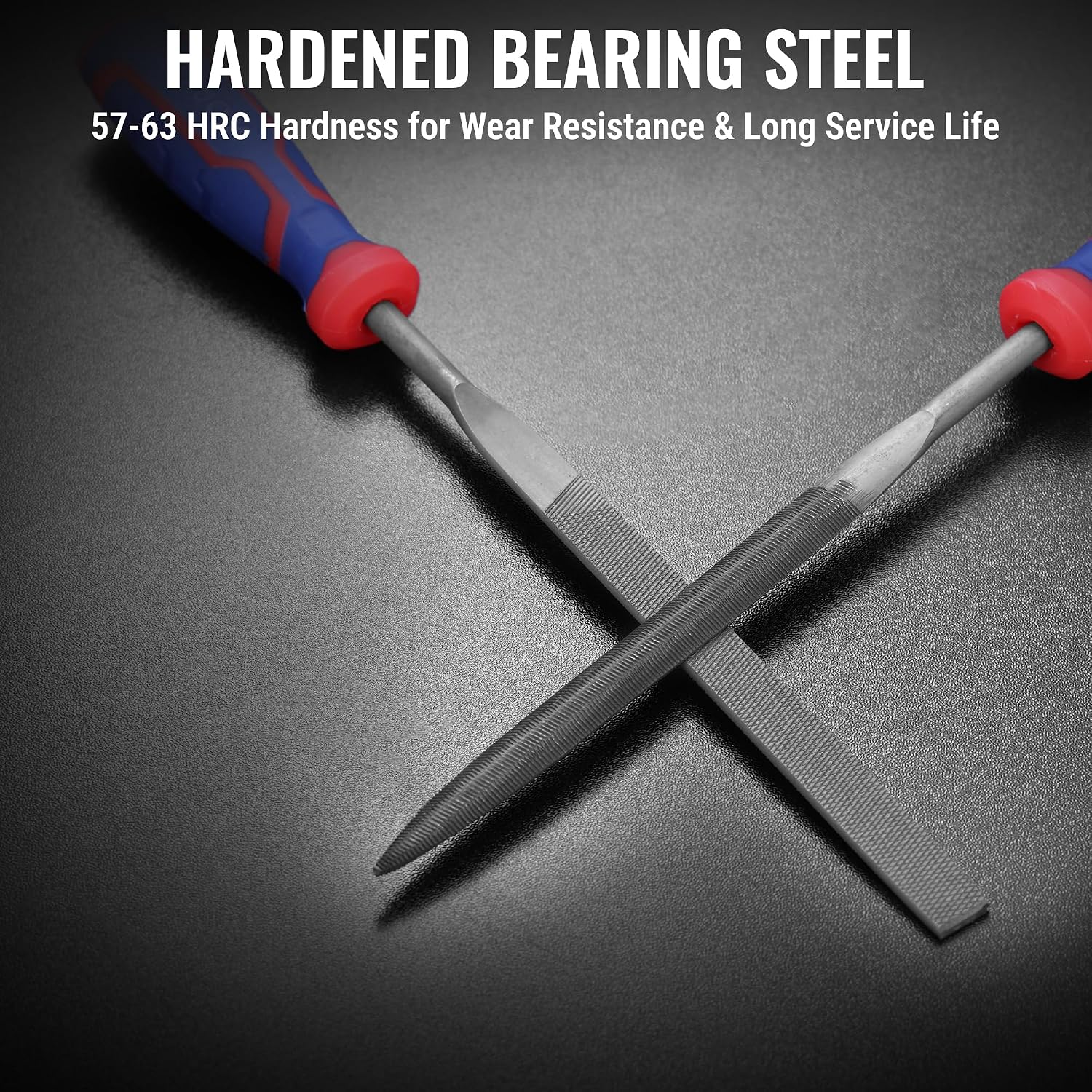 Hardened steel needle files with blue-red grips and durable gray filing tips