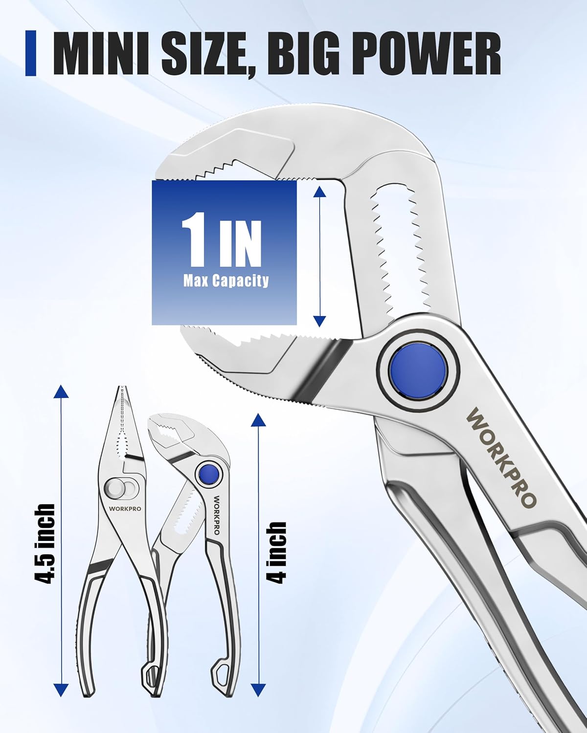Chrome mini water pump plier with 1 in max capacity and blue pivot wheel