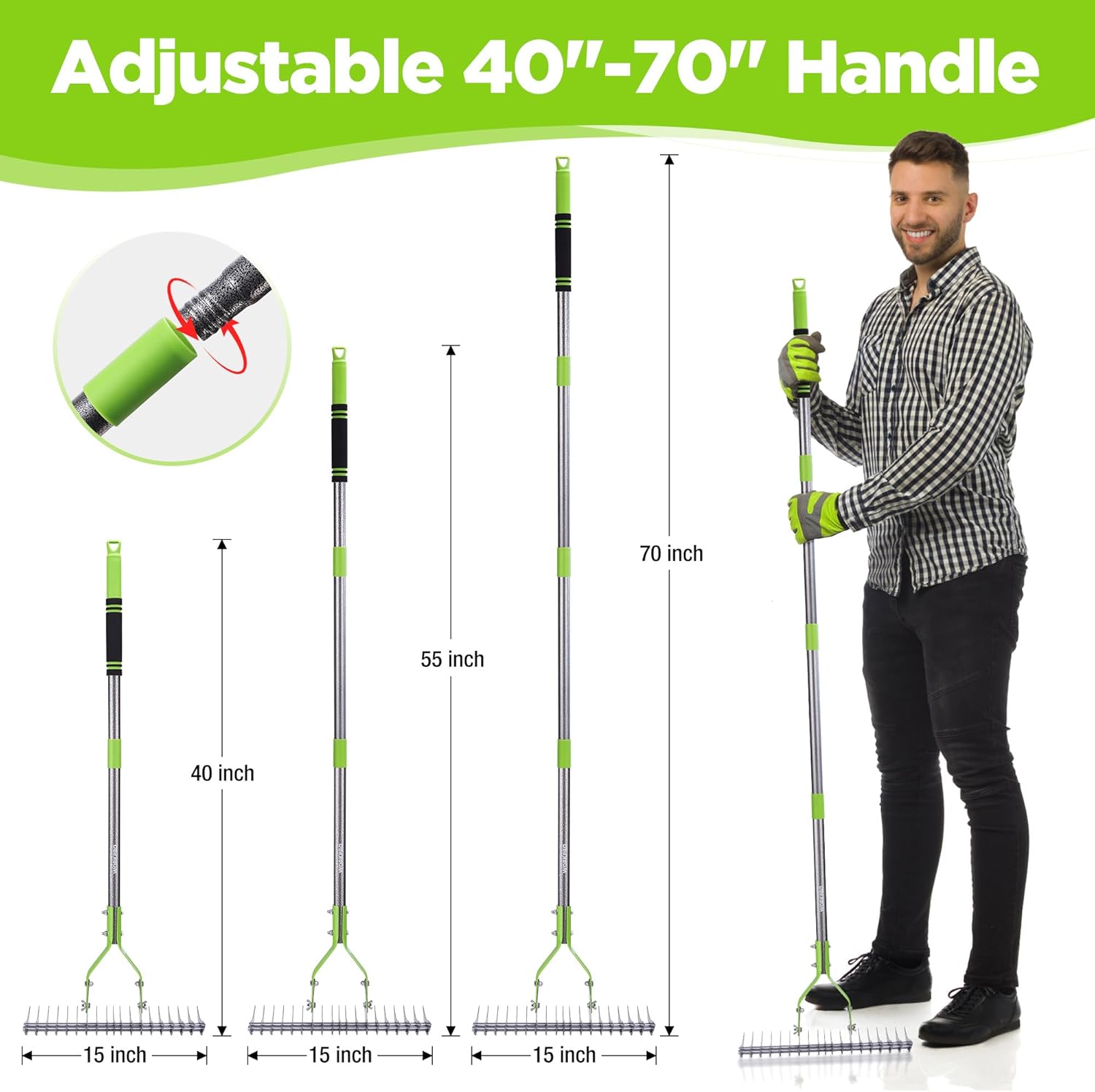 Adjustable dethatching rake with telescoping handle and green grip