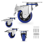 Swivel caster wheels with blue polyurethane treads, silver steel brackets, and mounting parts