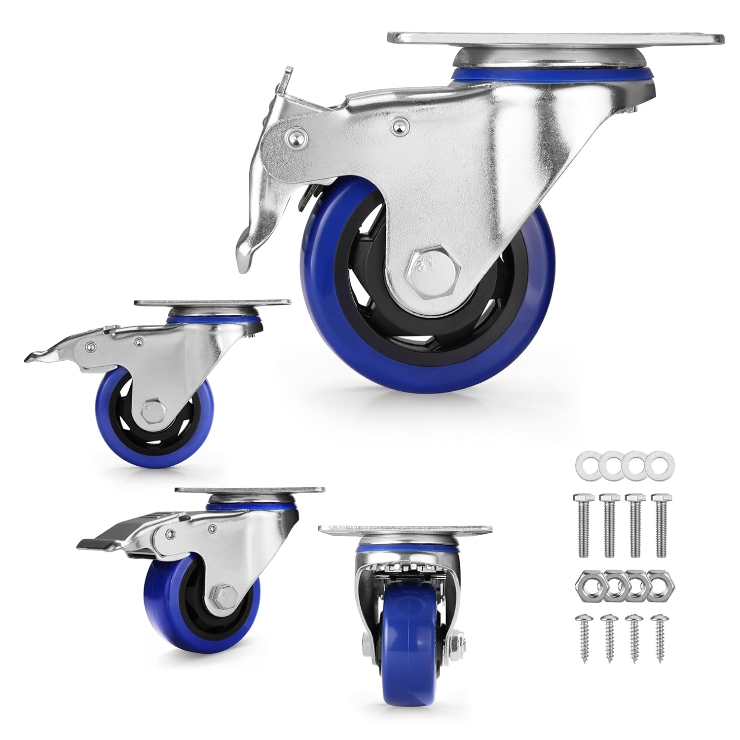 Swivel caster wheels with blue polyurethane treads, silver steel brackets, and mounting parts