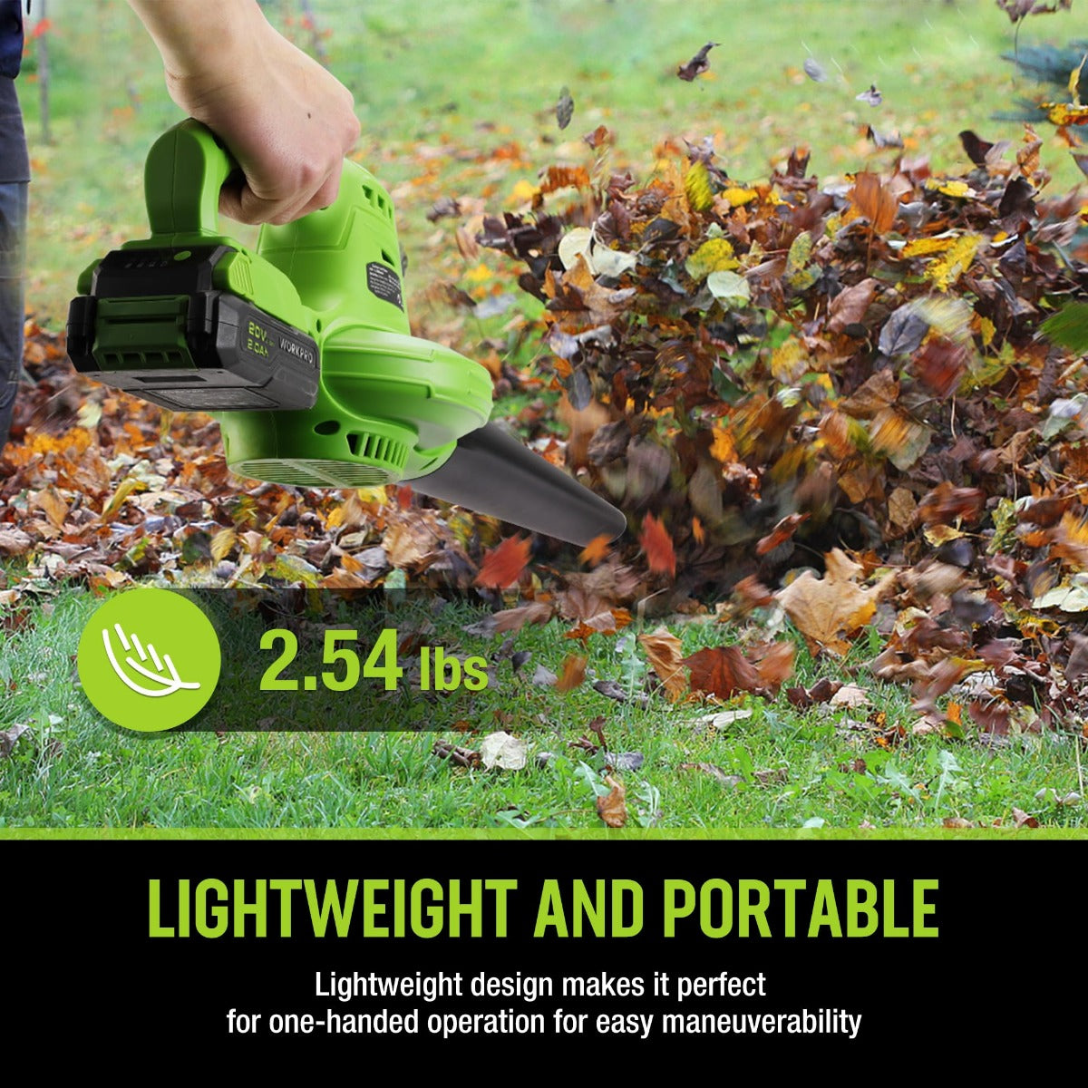 Green cordless leaf blower blowing leaves from a grassy yard