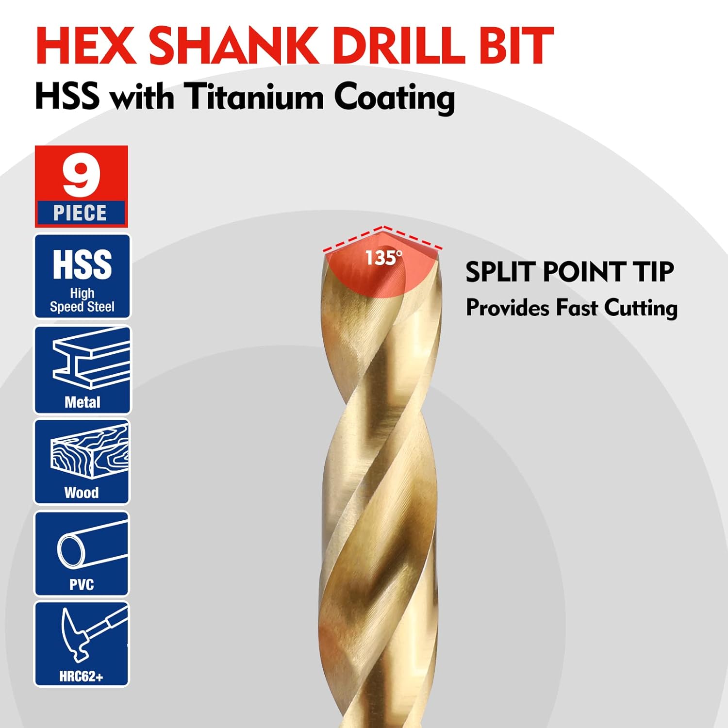 Gold HSS twist drill bit with spiral flutes and silver hex shank, single piece