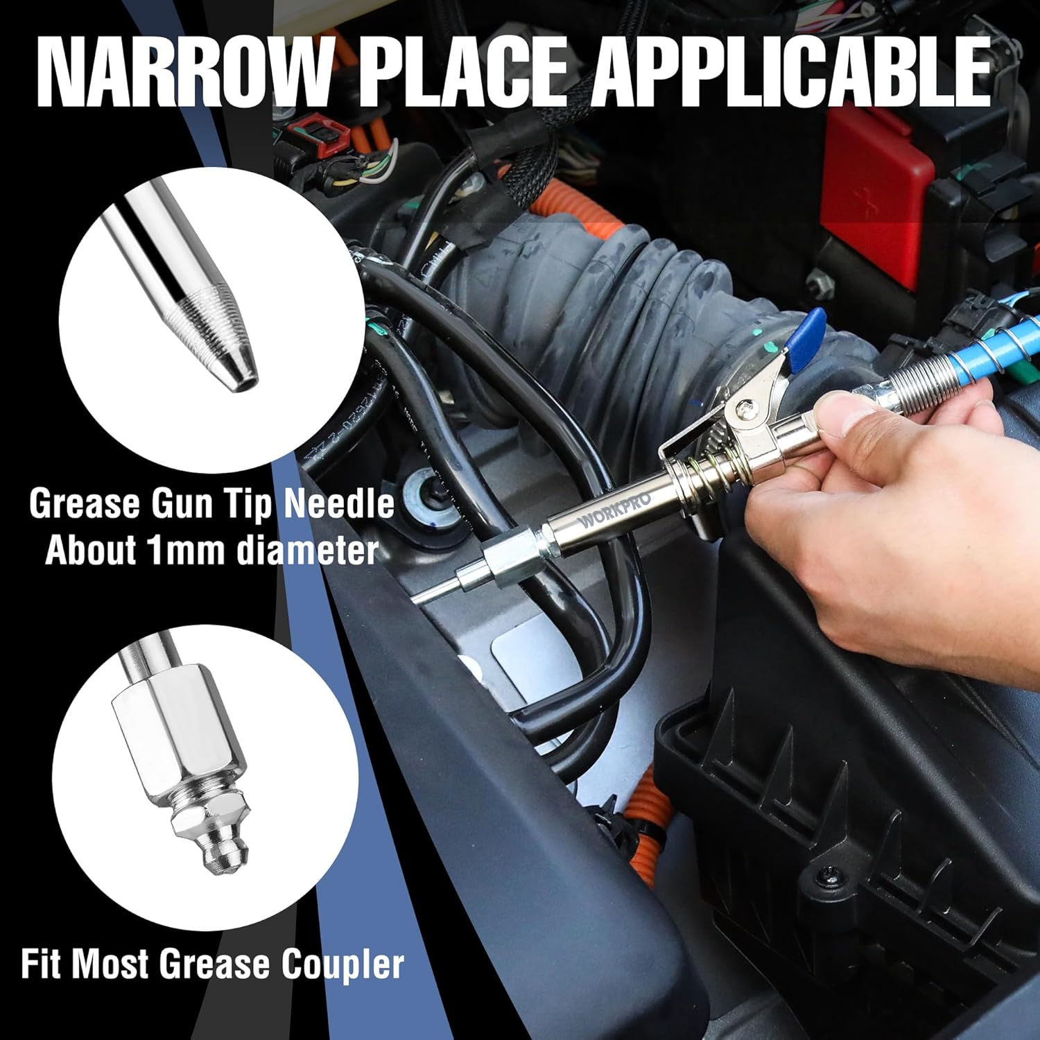 Grease gun coupler set with needle tip adapter and blue grease hose