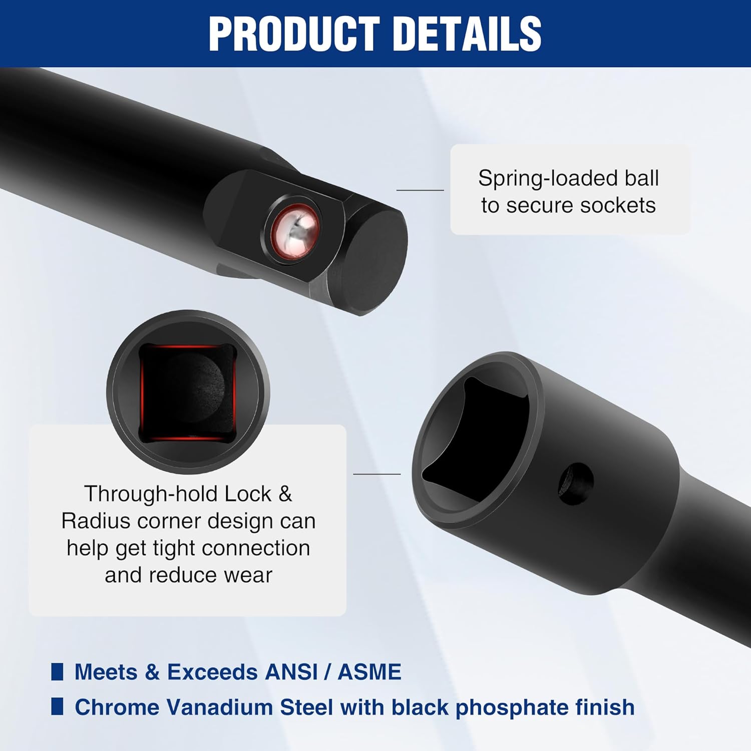 3/8-inch drive extension bar ends with spring-loaded ball socket retainer, black