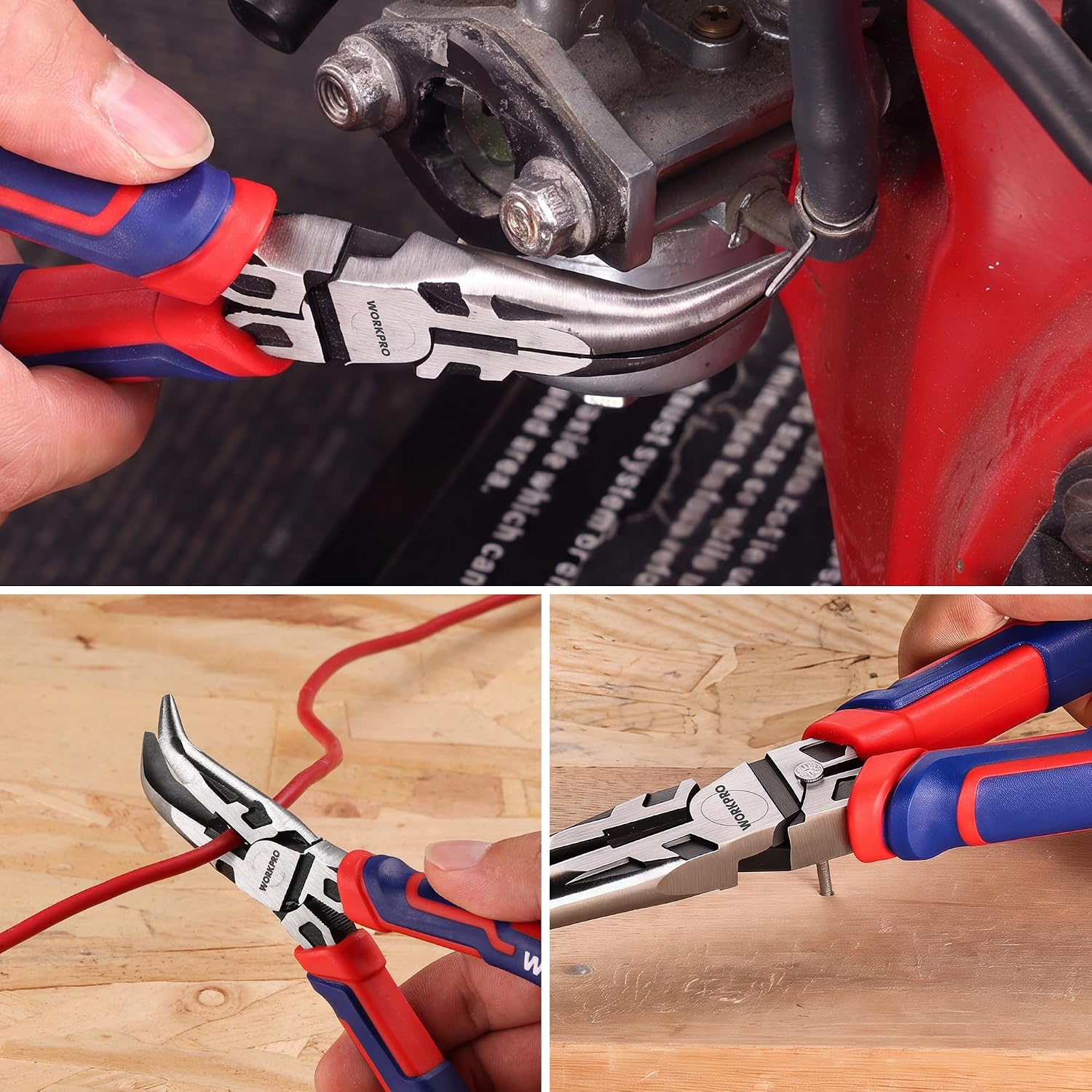Bent needle-nose pliers cutting wire, red/blue soft-grip handles in use