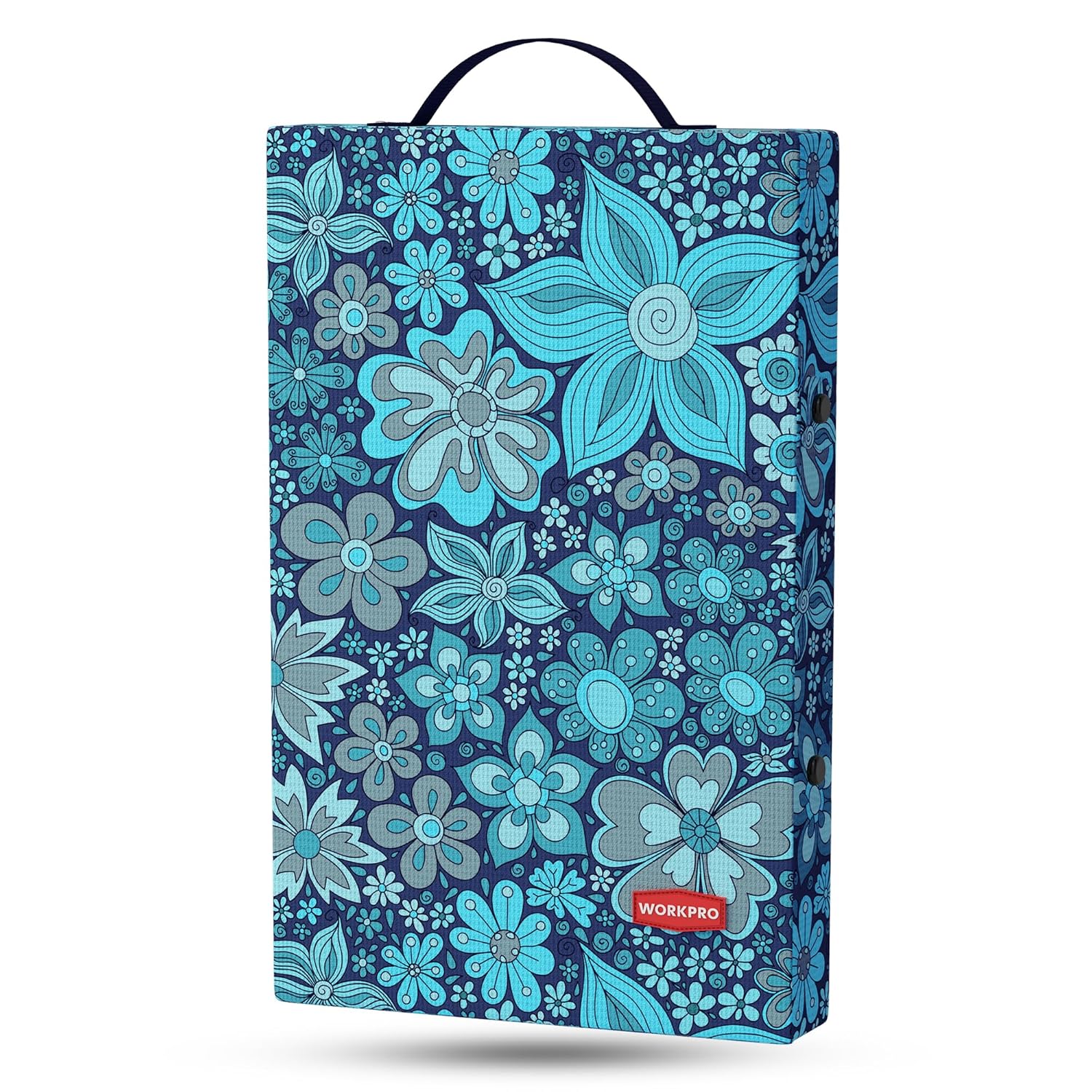 Blue floral kneeling pad with removable zip cover and top carry handle