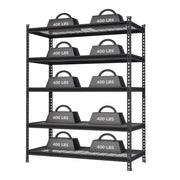 Black metal 5-tier storage rack with wire mesh shelves and 400 lbs load labels