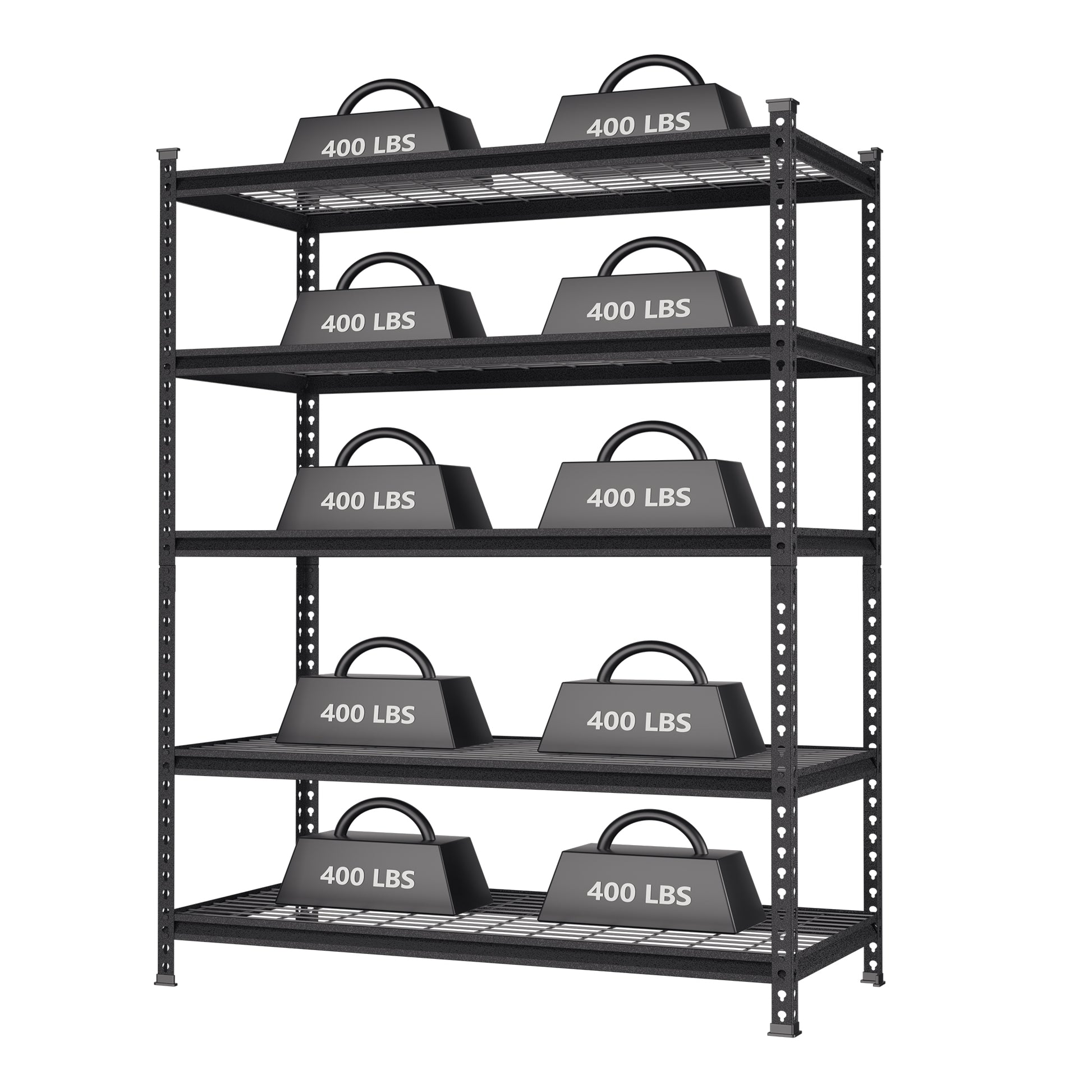 Black metal 5-tier storage rack with wire mesh shelves and 400 lbs load labels