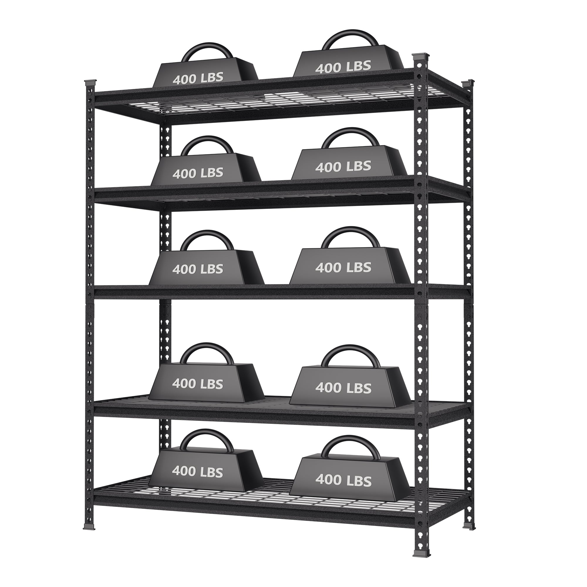 Black metal 5-tier storage rack with wire mesh shelves and 400 lbs load labels