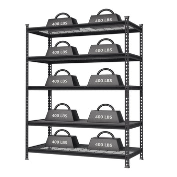 Black metal 5-tier storage rack with wire mesh shelves and 400 lbs load labels