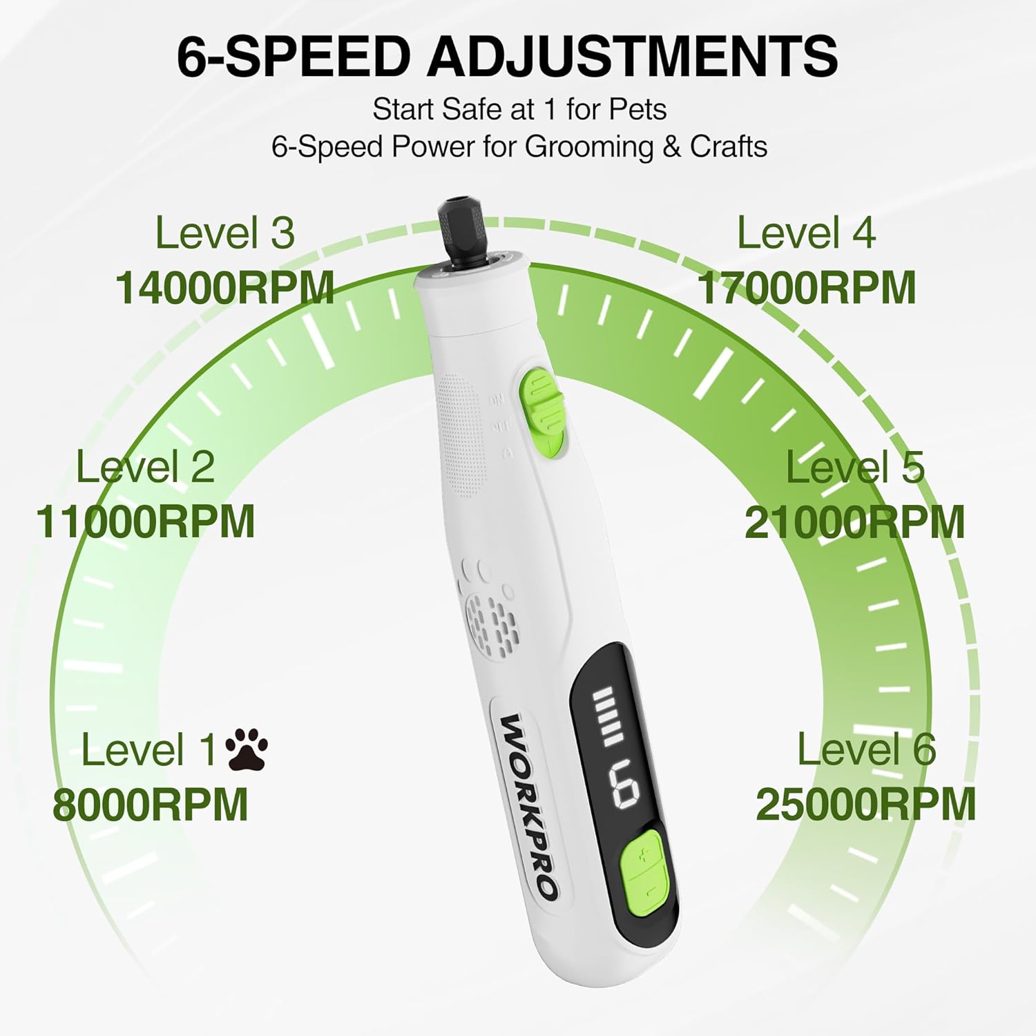 Cordless rotary tool with 6-speed control indicator and green status window