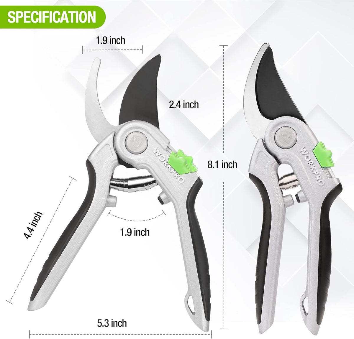 Bypass pruning shears shown open with green latch on black-and-silver blades