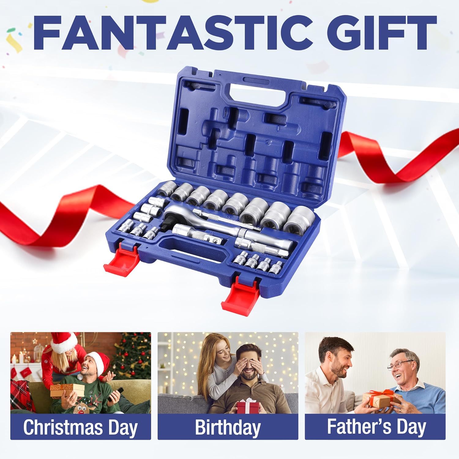 Socket set in blue storage case with metric sockets and ratchet handle included
