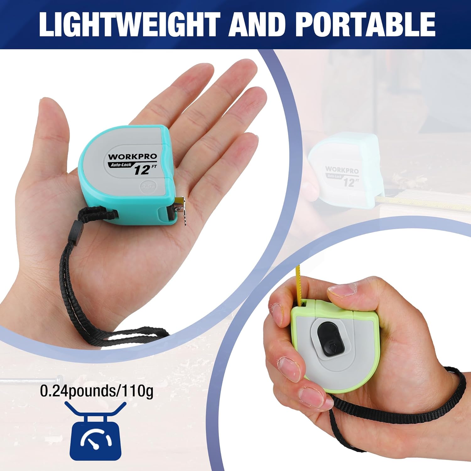 Turquoise mini tape measure held in hand with attached black wrist strap