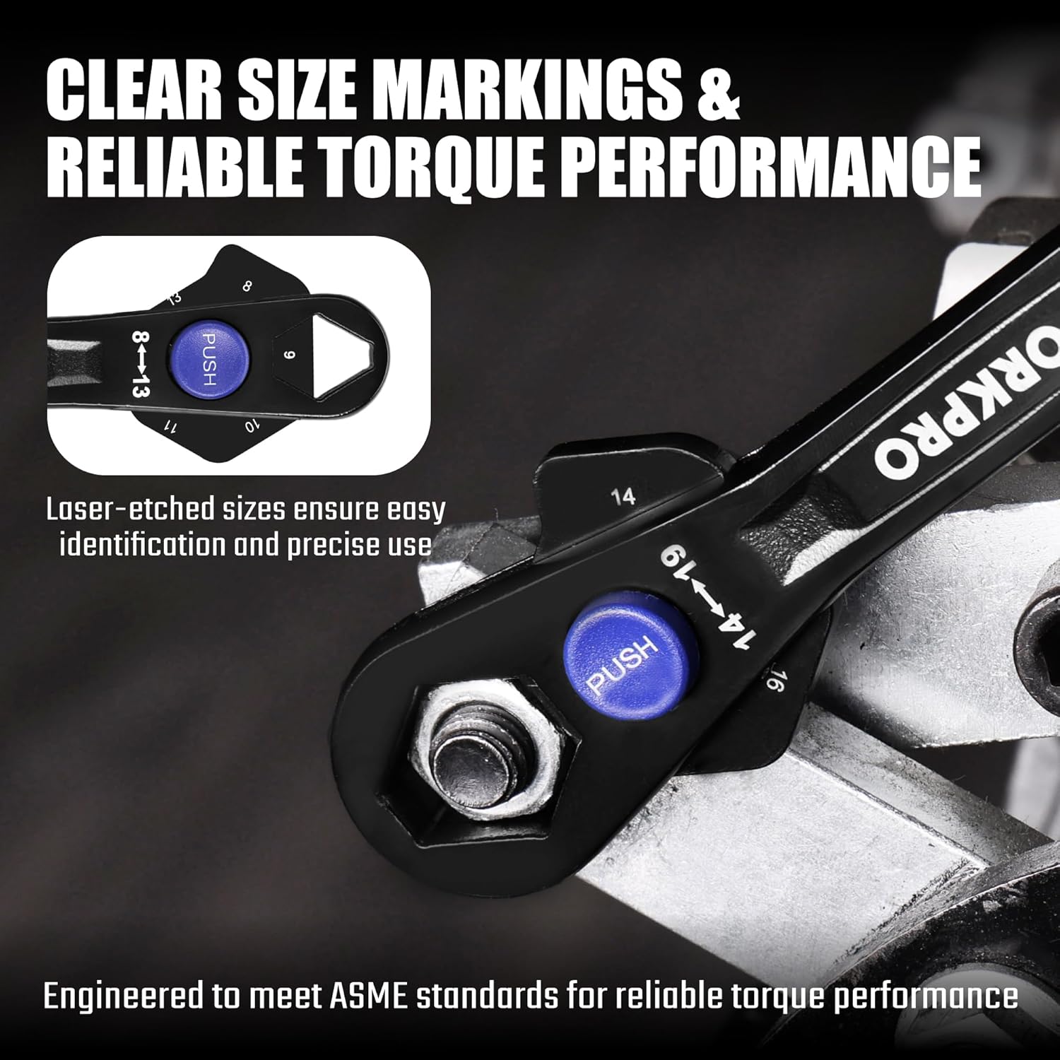 WORKPRO universal wrench with clear size markings, hex opening, black head and blue push button