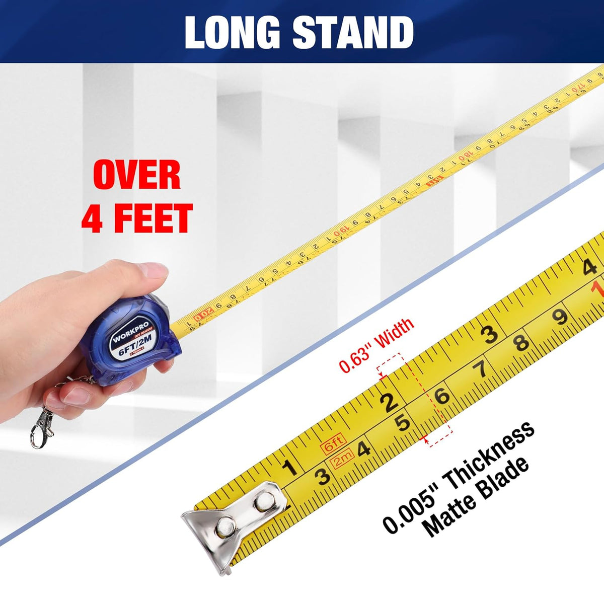 Retractable tape measure with yellow inch/metric scale, metal hook, and locking tab