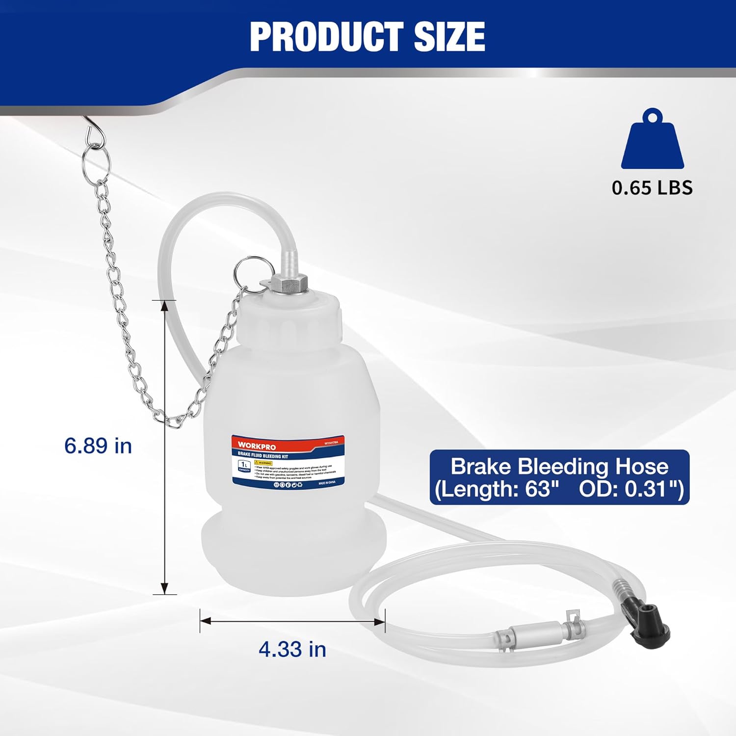 Brake bleeder bottle kit with 63 in clear hose, connector, and wide flat base