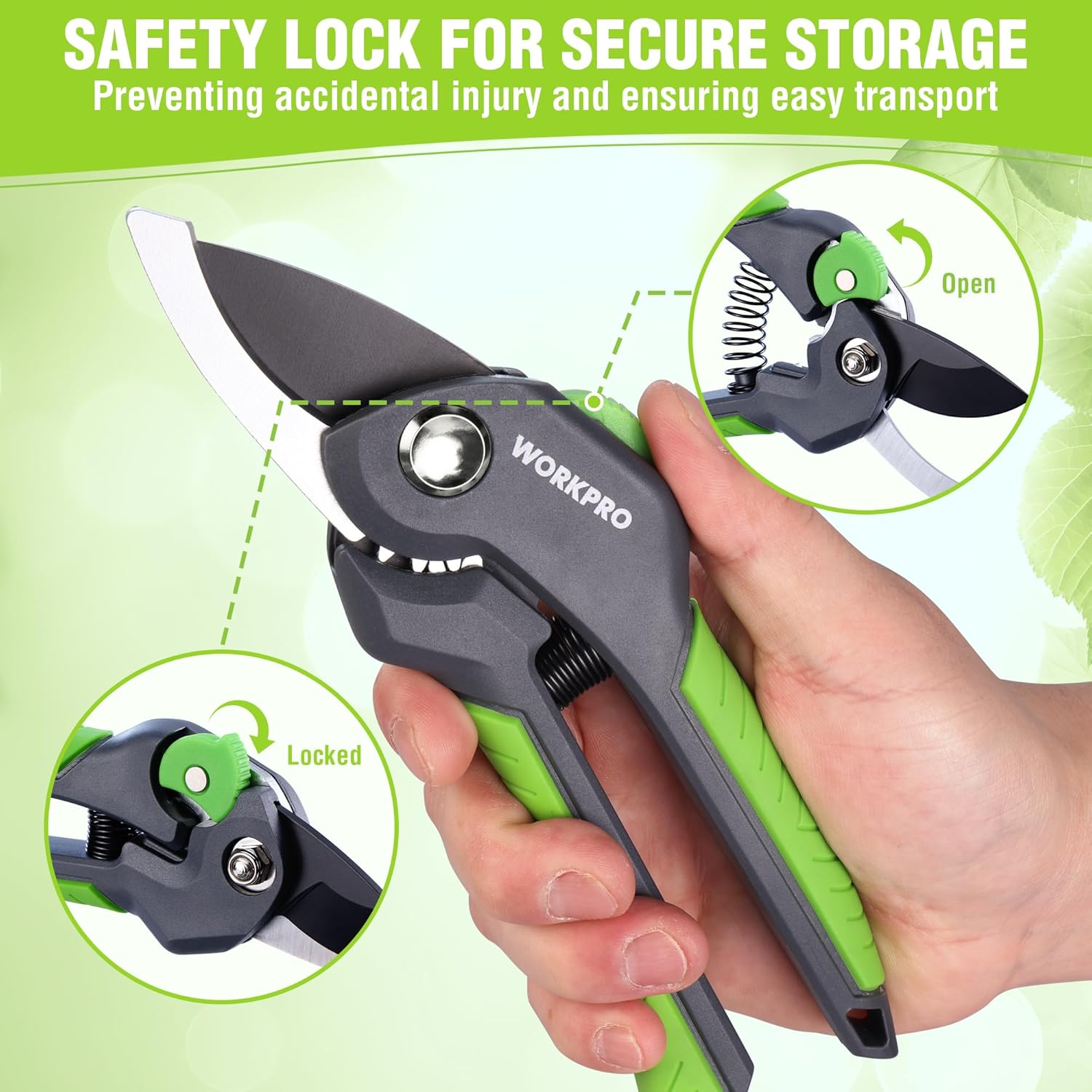 WORKPRO pruning shears with safety lock and spring mechanism, green handle and black blades