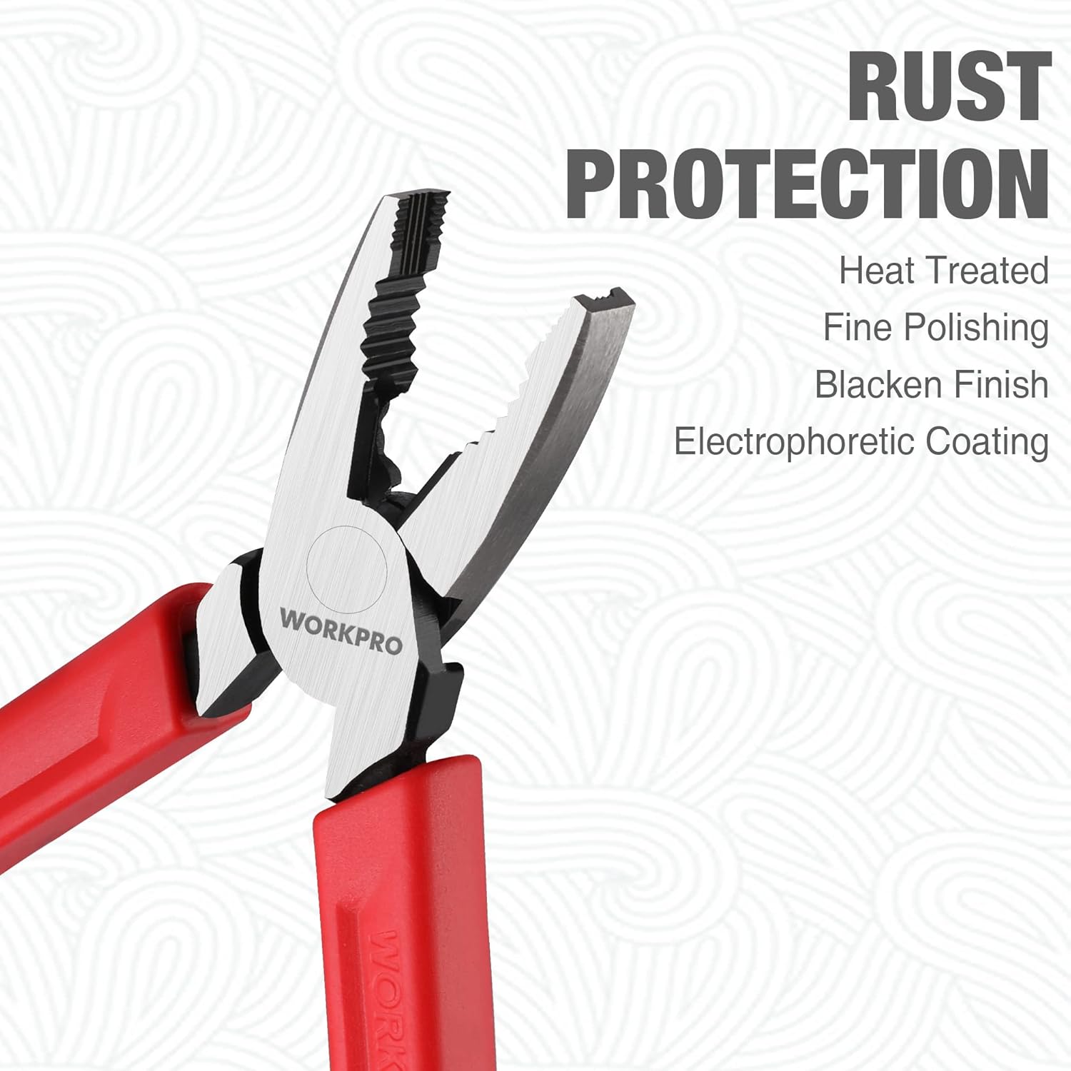 WORKPRO screw extractor pliers with black serrated jaws and red rubberized handles