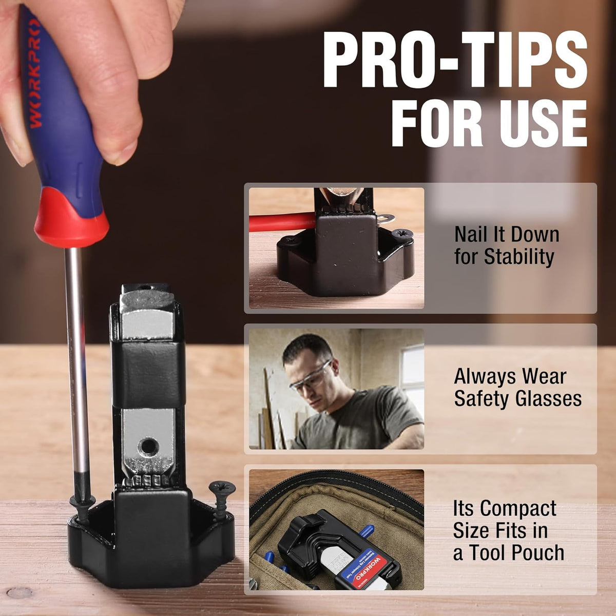 Black WORKPRO hammer lug crimper tool with blue grip and red wire