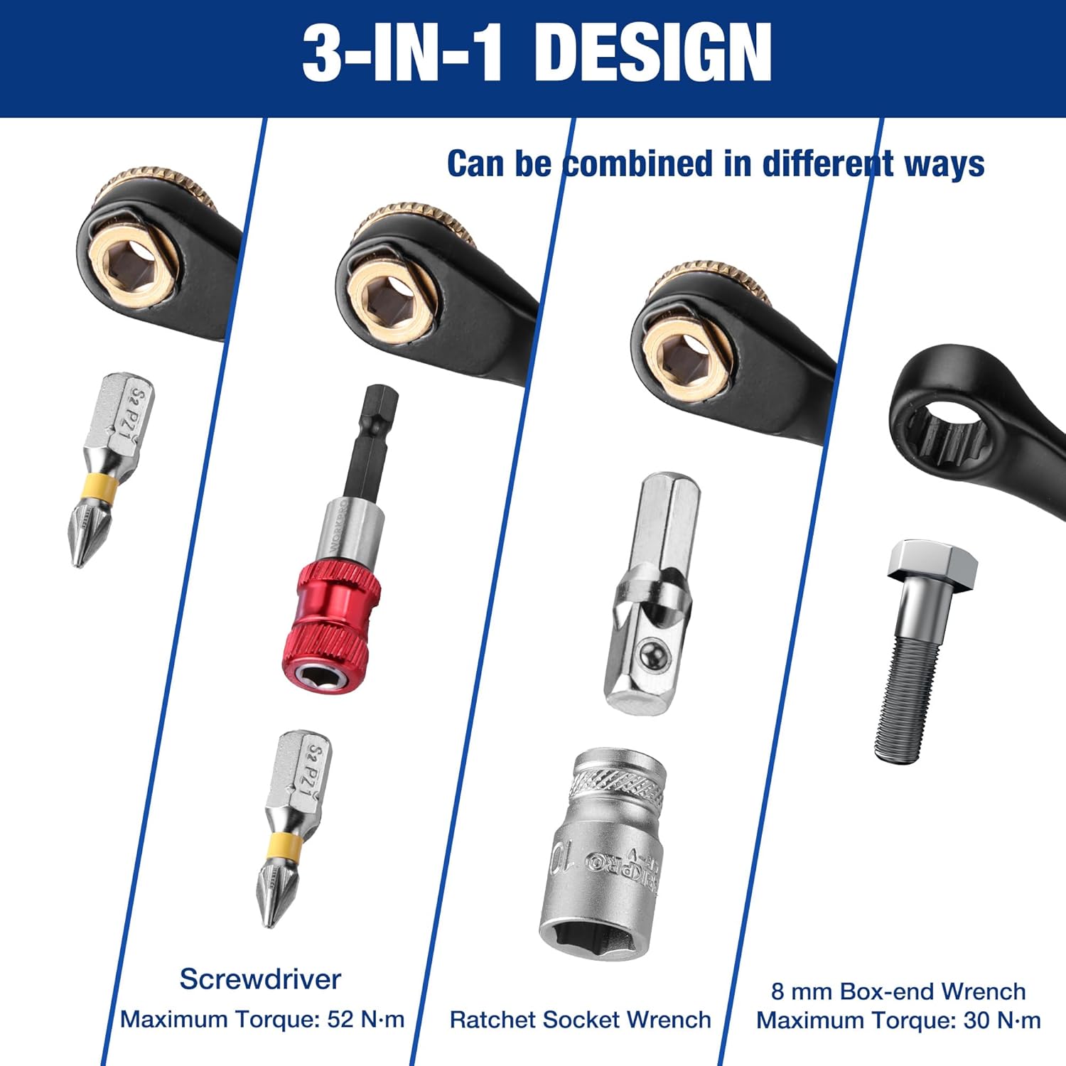 3-in-1 multihead tool: screwdriver bit driver, ratchet socket wrench, box-end