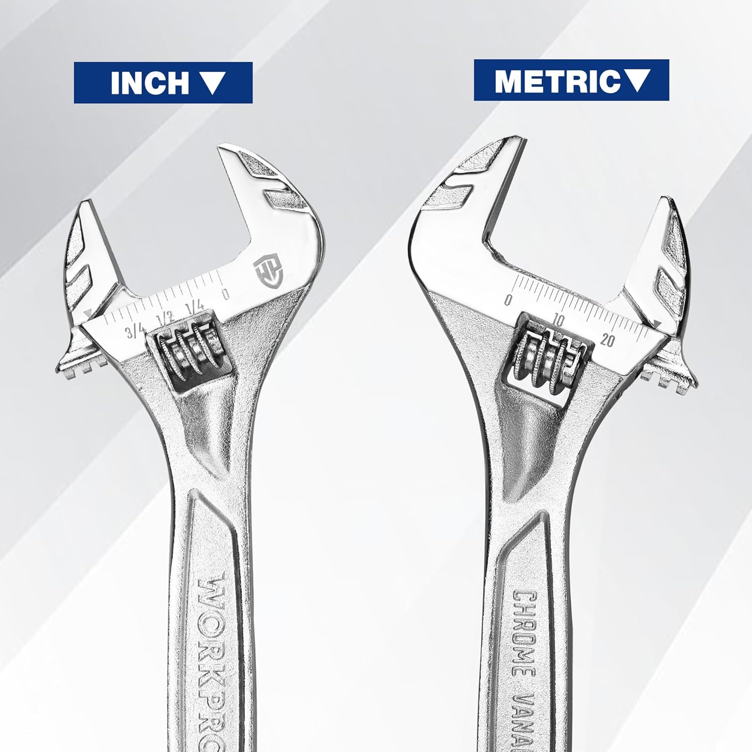 Two adjustable wrenches showing inch and metric markings on the jaws