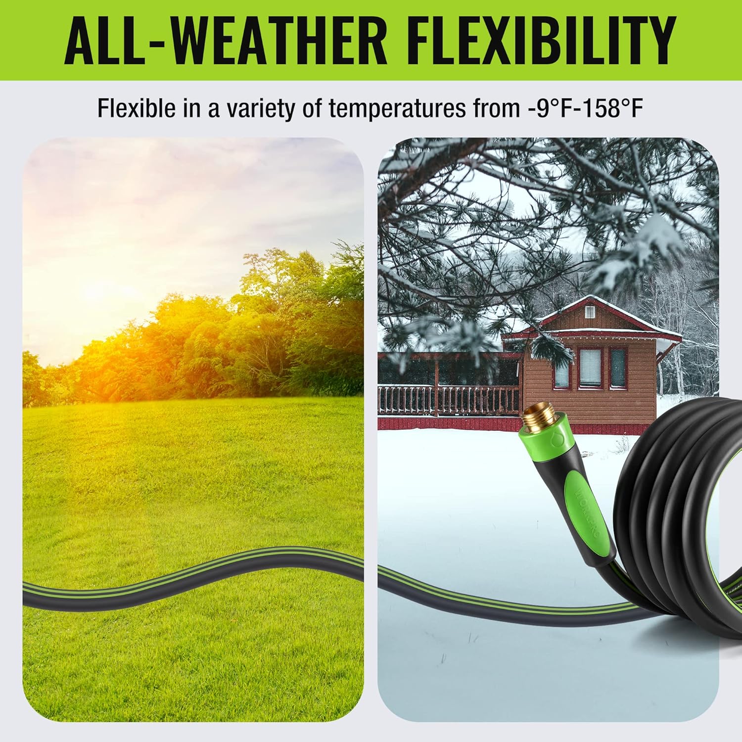 Garden hose with green accents and dark flexible tube, brass connector visible