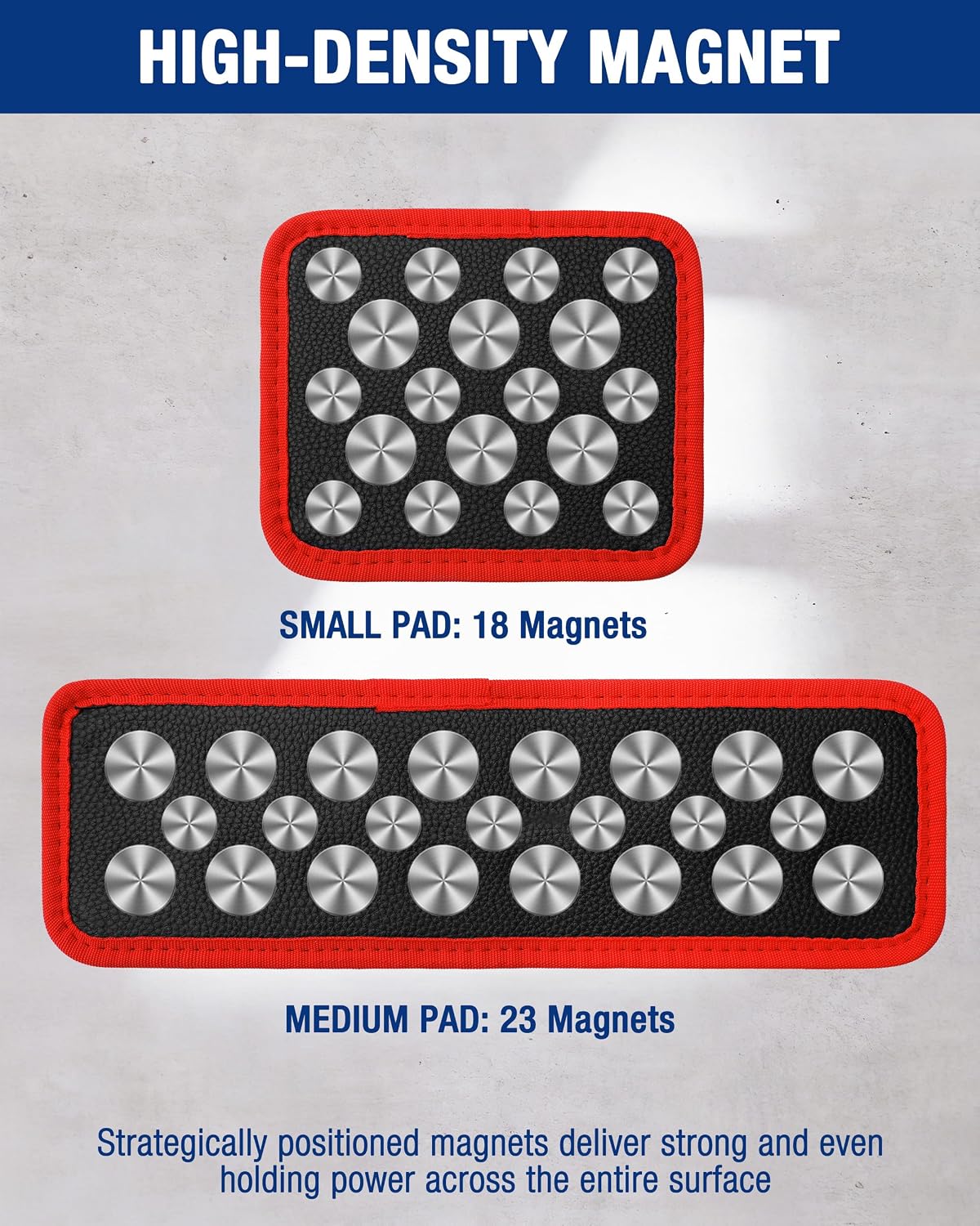 Flexible magnetic tool pads in black with silver magnet pattern and red trim, two sizes