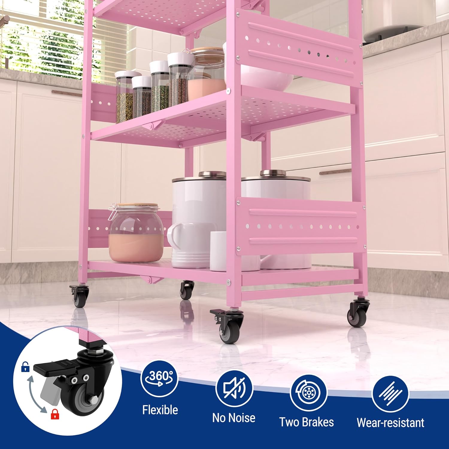 Pink 5-tier metal shelf rack with perforated sides and smooth-rolling caster wheels