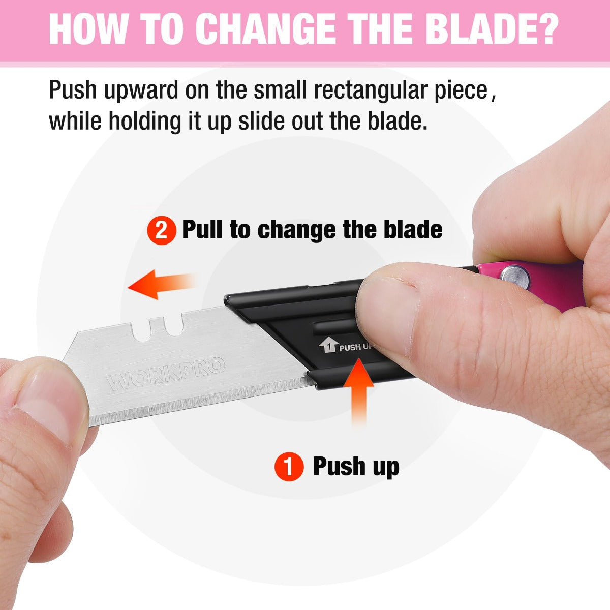 Pink folding utility knife blade changing with hands on the black shank blade